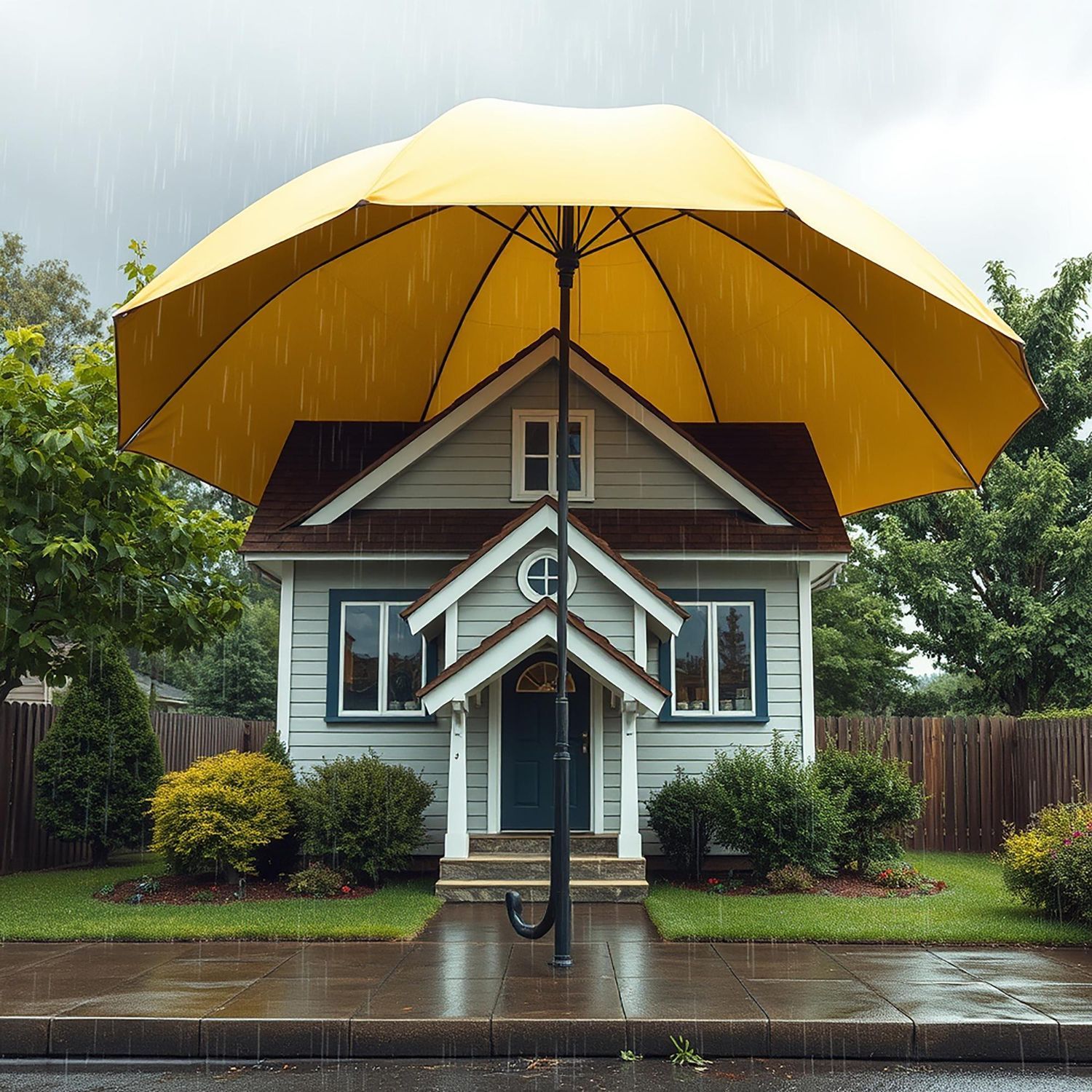 A small house sheltered by a large yellow umbrella from the rain.