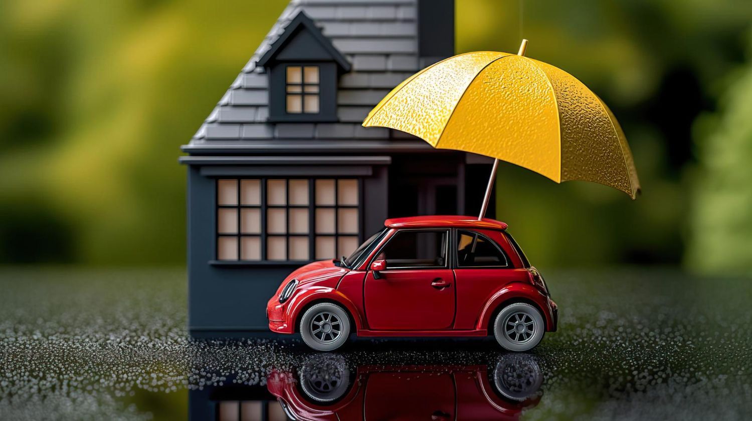 Miniature house and red car sheltered by a yellow umbrella, representing protection.