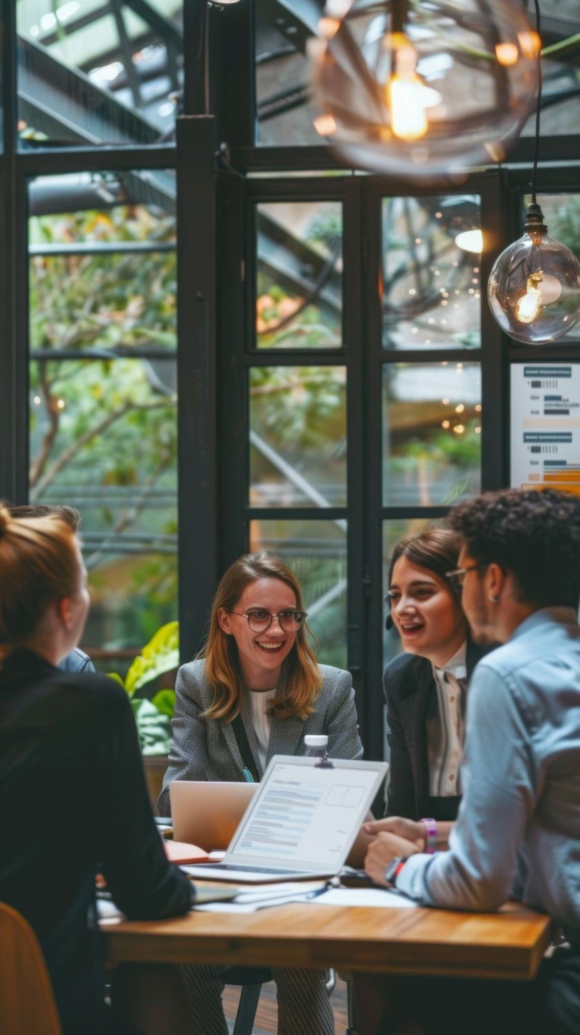 Four people in business attire sit around a wooden table, smiling and conversing. Sunlight streams through large windows.
