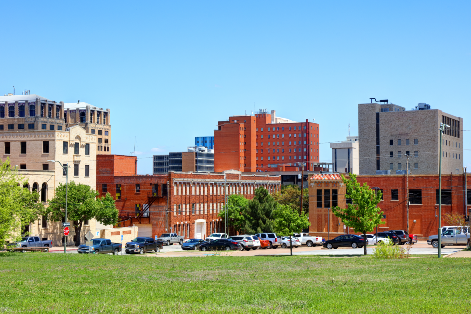 Skyline view of buildings, with a grassy area in the foreground and blue sky.