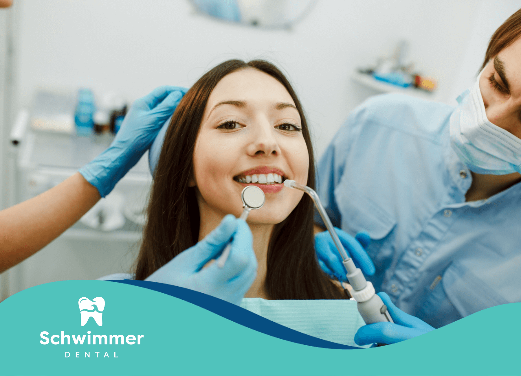 A woman is getting her teeth examined by a dentist.