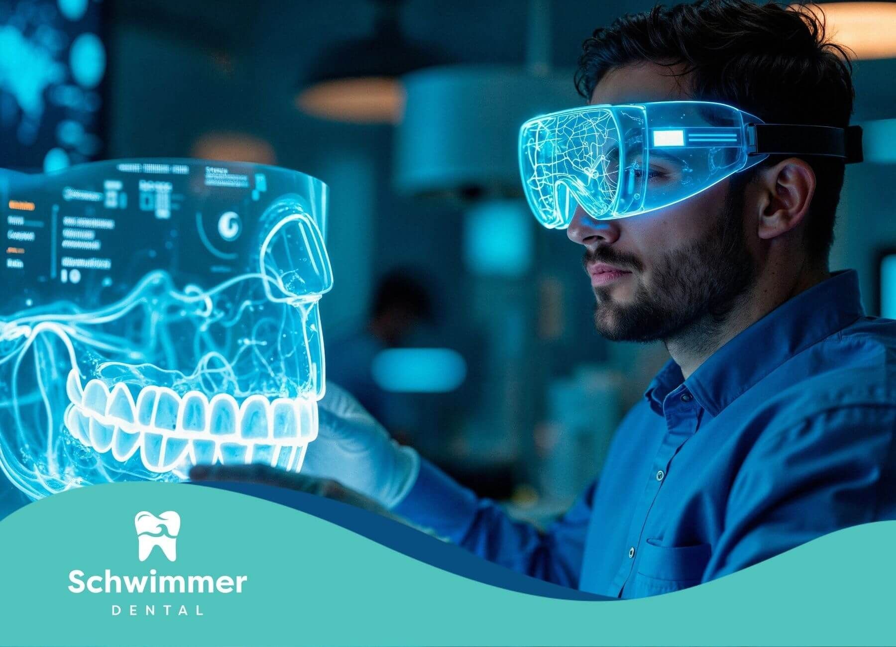 A dentist wearing virtual reality goggles interacts with a holographic dental model, examining a 3D.