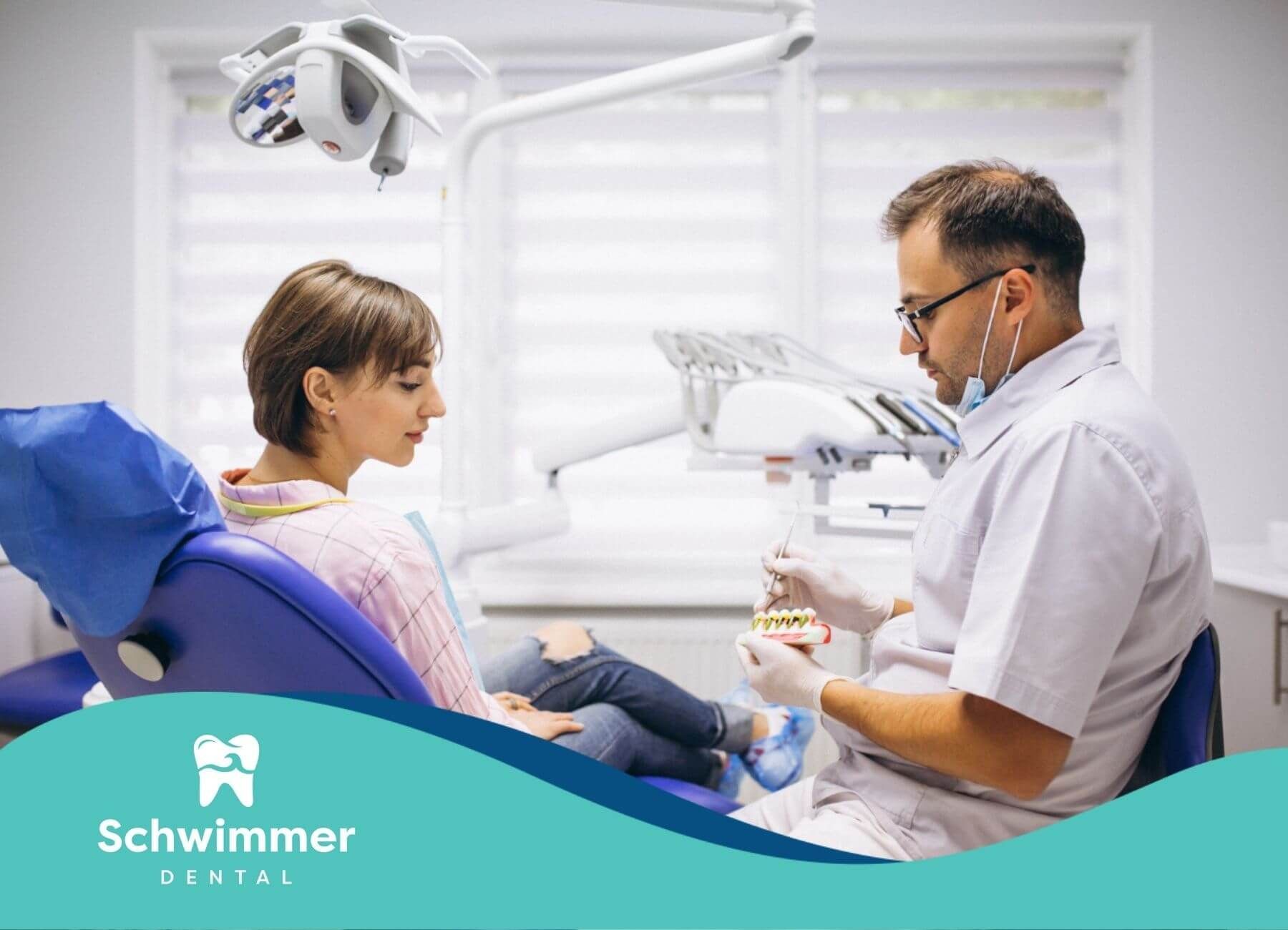 Dentist showing patient dental model in office.