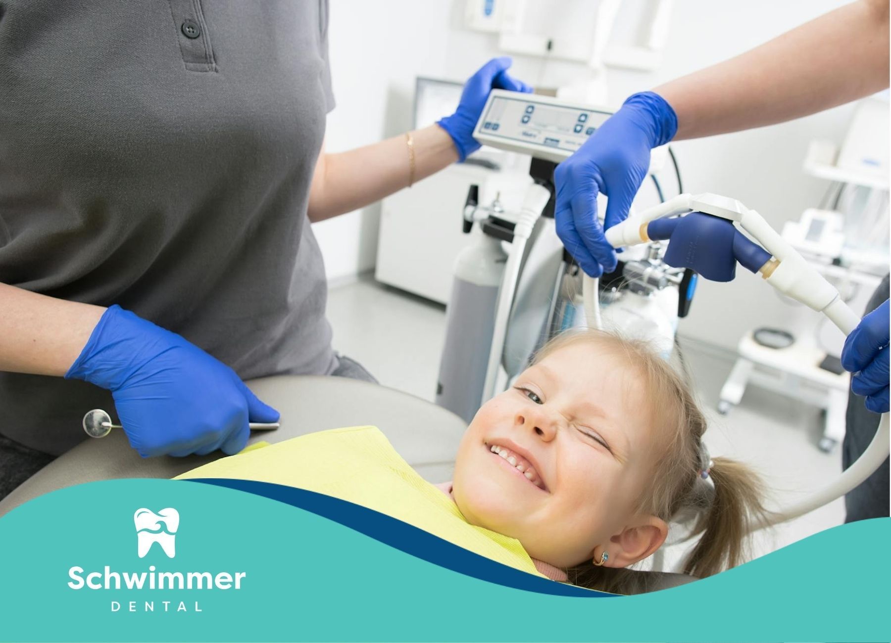 A girl winking and smiling while receiving dental sedation with a nasal mask in Point Pleasant, NJ.