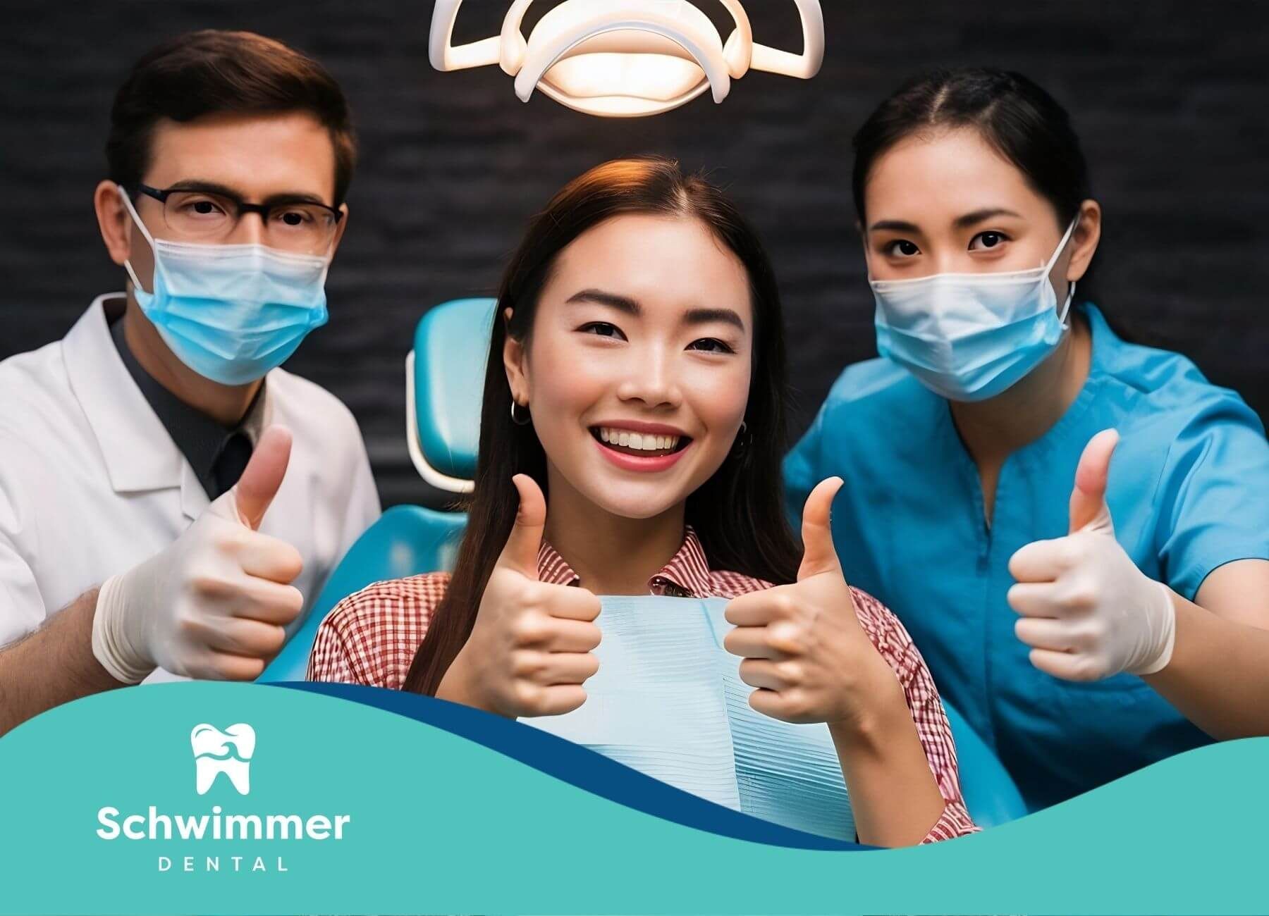 A dental patient smiling with both thumbs up, surrounded by two dental professionals in the office.