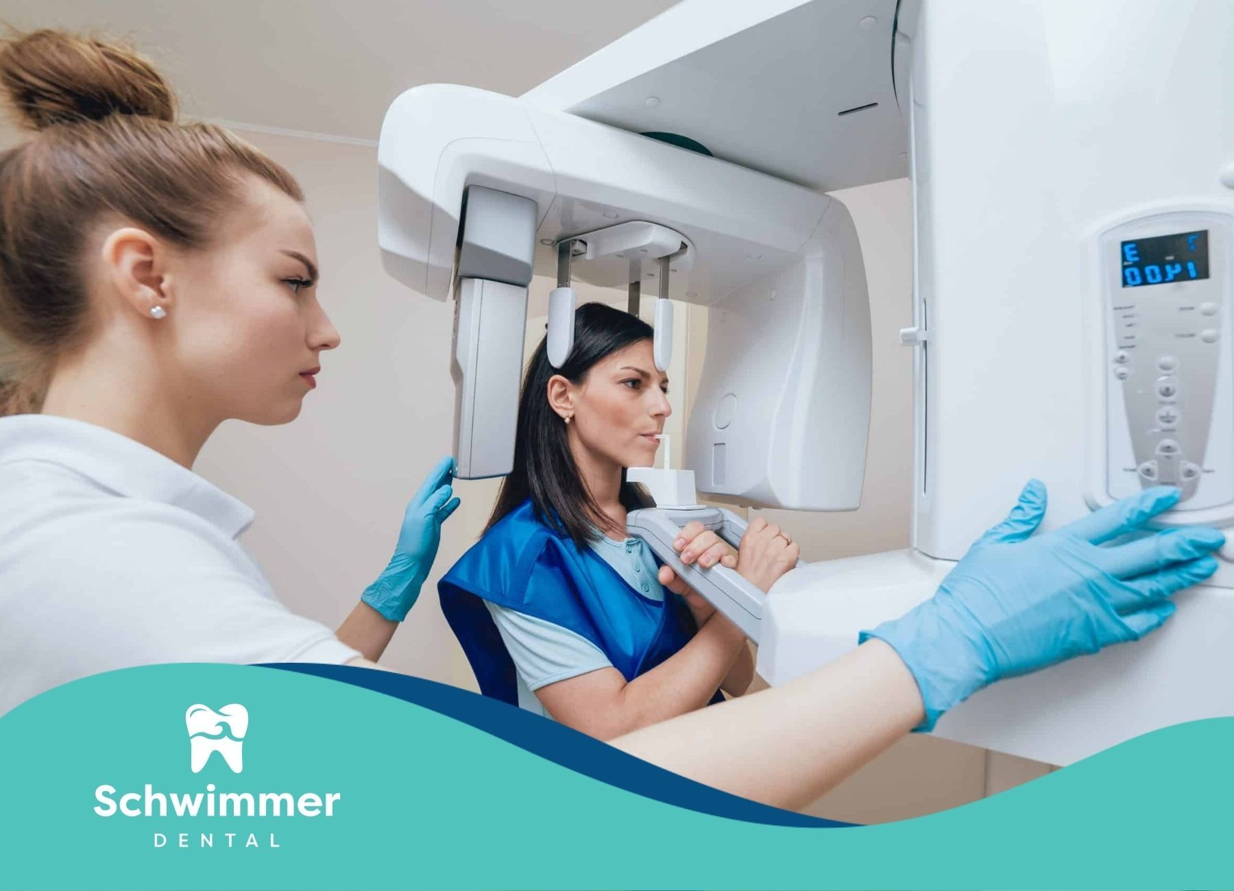 Dental technician assisting a patient during a panoramic X-ray scan in Point Pleasant Beach, NJ.