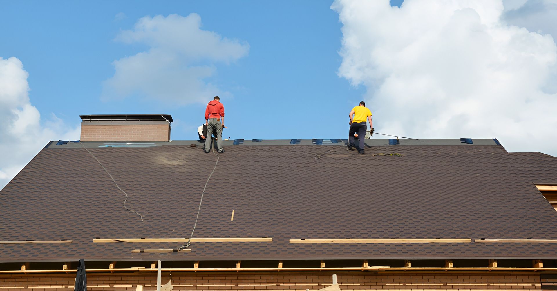 Two roofers installing brown asphalt shingles on a house roof under a blue sky.