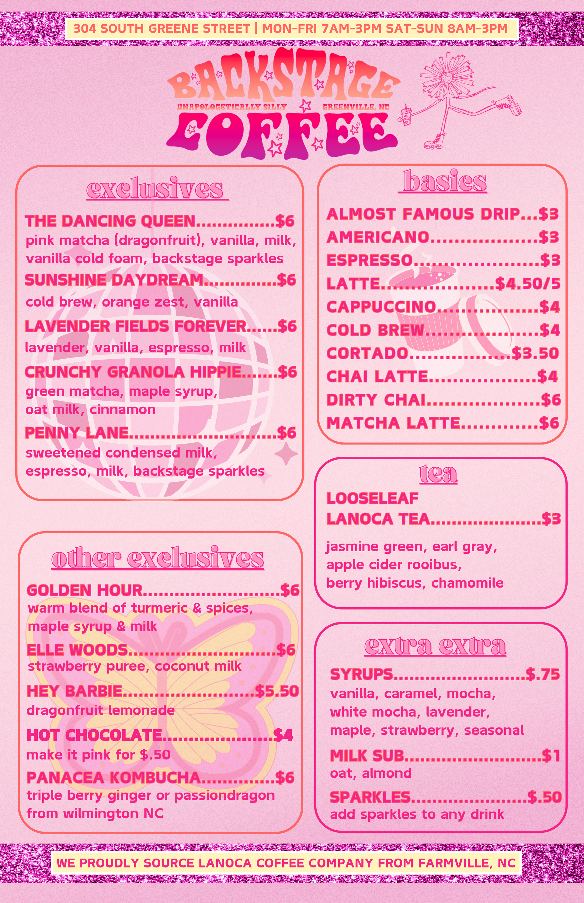 A pink and purple menu for a coffee shop.