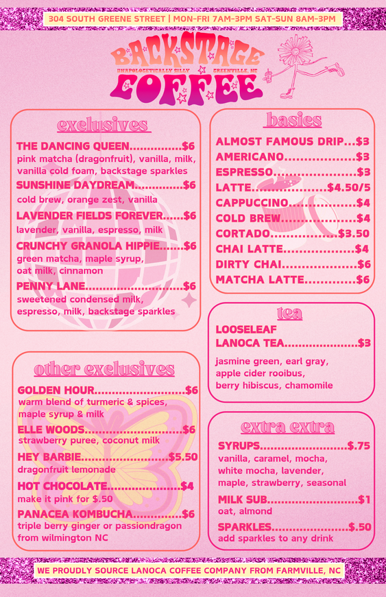 A pink and purple menu for a coffee shop.