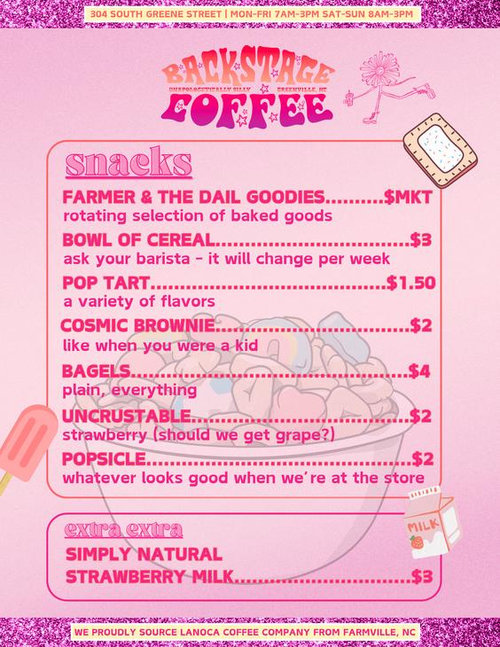 A pink and purple menu for a coffee shop.