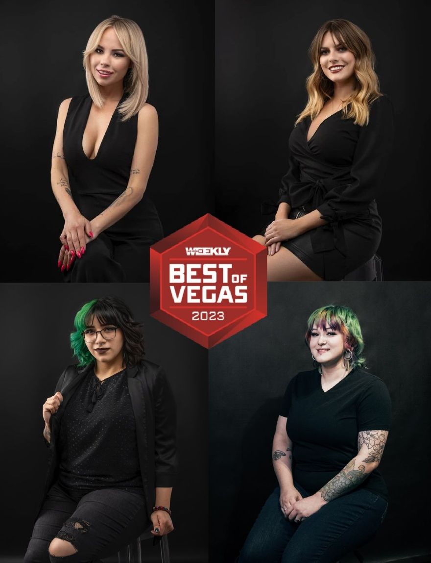 Four women are sitting next to each other in front of a best of vegas logo.