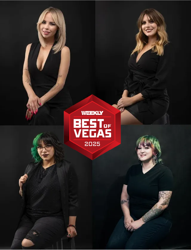 Four women are sitting next to each other in front of a best of vegas logo.