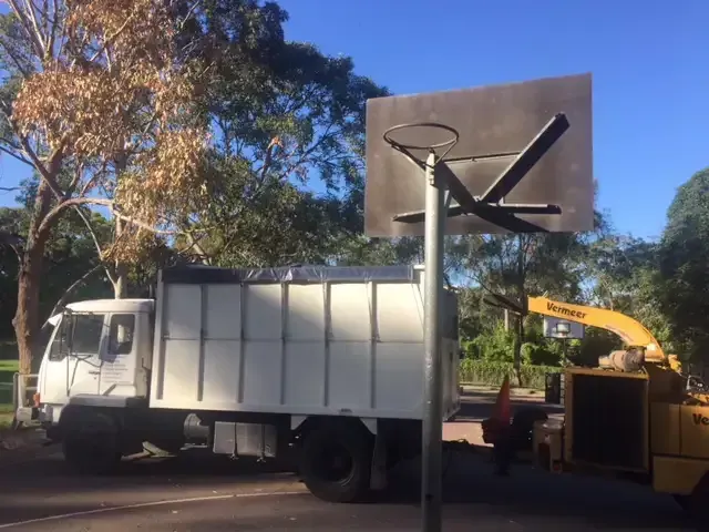 White Truck and Wood Chipper Near a Basketball Hoop — Bennett's Tree Service in Lake Macquarie, NSW