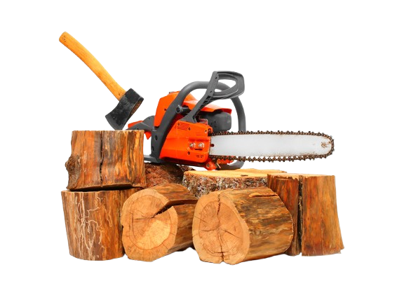 Logs With An Orange Chainsaw And Axe On Top — Bennett's Tree Service in Redhead, NSW