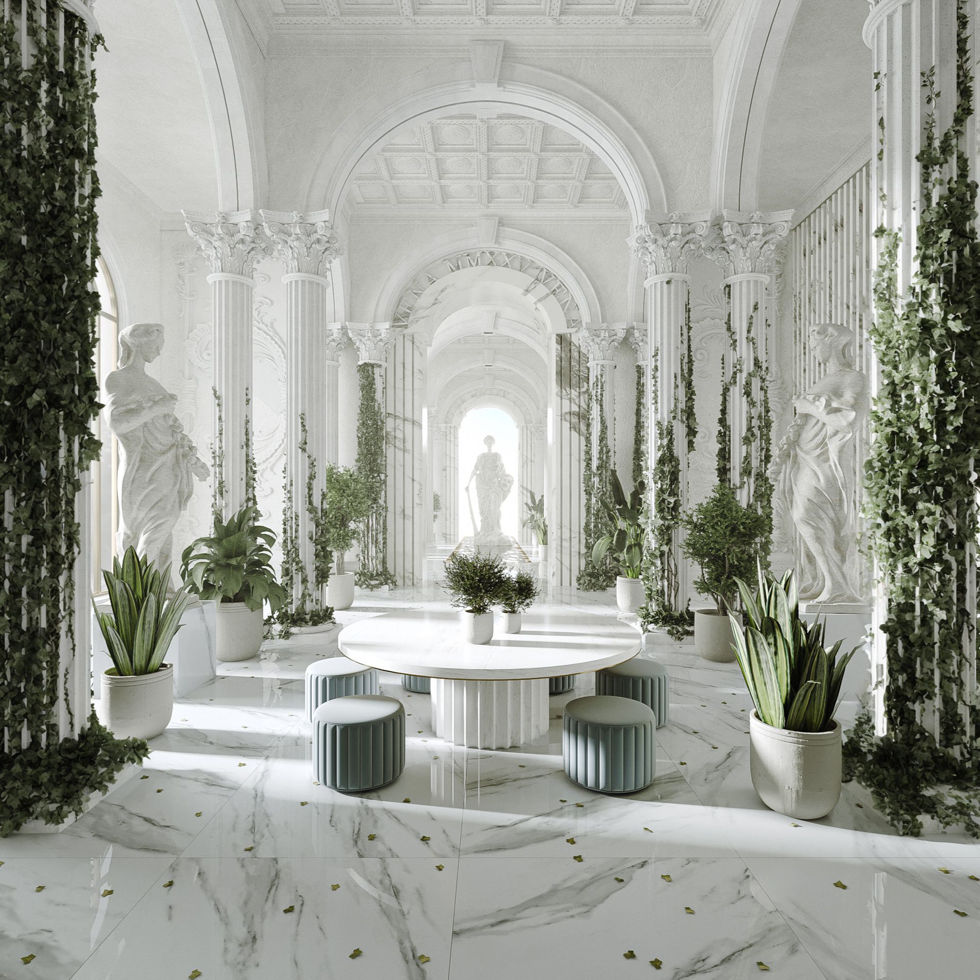 An ornate white interior with marble floors, columns, statues, and plants. Round table with stools.