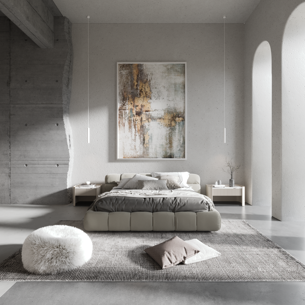 Modern bedroom with neutral tones, concrete accents, large abstract art, and a fluffy ottoman.