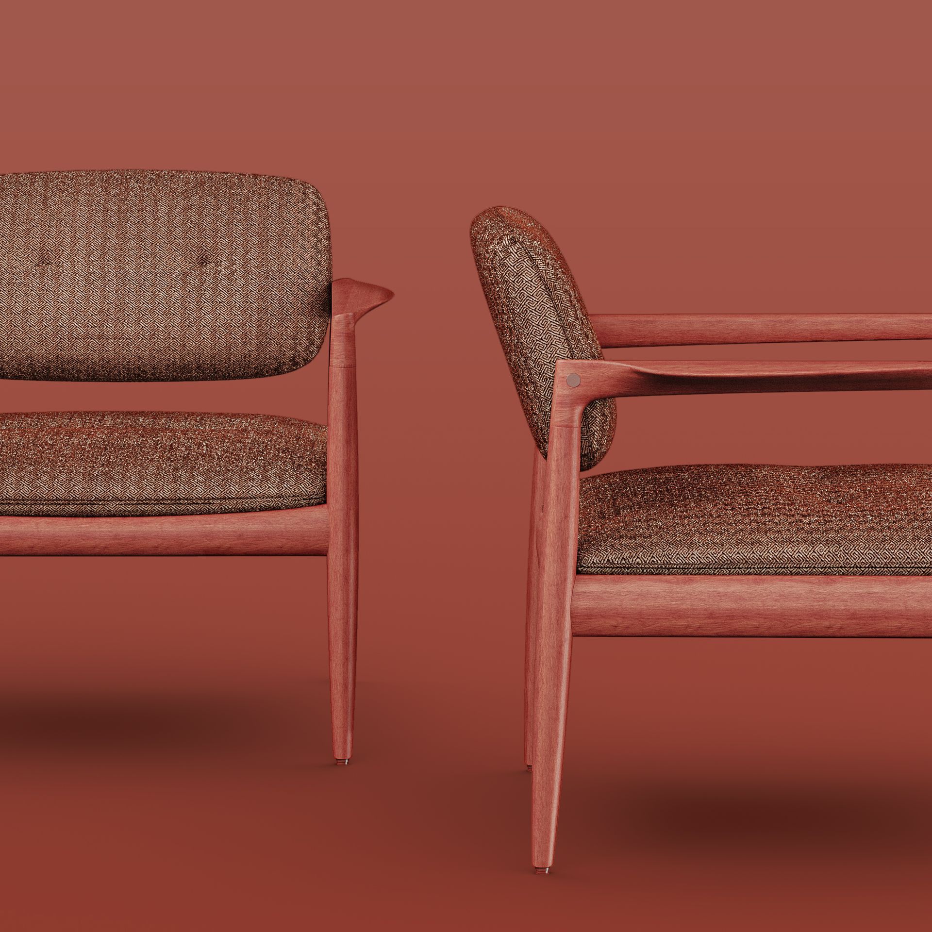Two Mid-century modern armchairs, wood frames, and patterned upholstery. Red background.