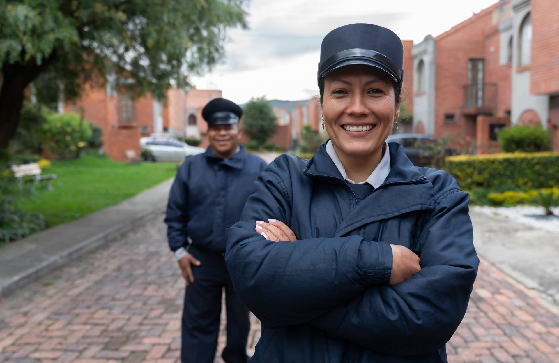 Two security guards are standing next to each other on a brick sidewalk.