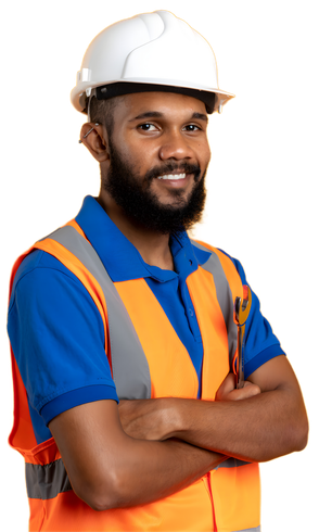 A man wearing a hard hat and safety vest with his arms crossed