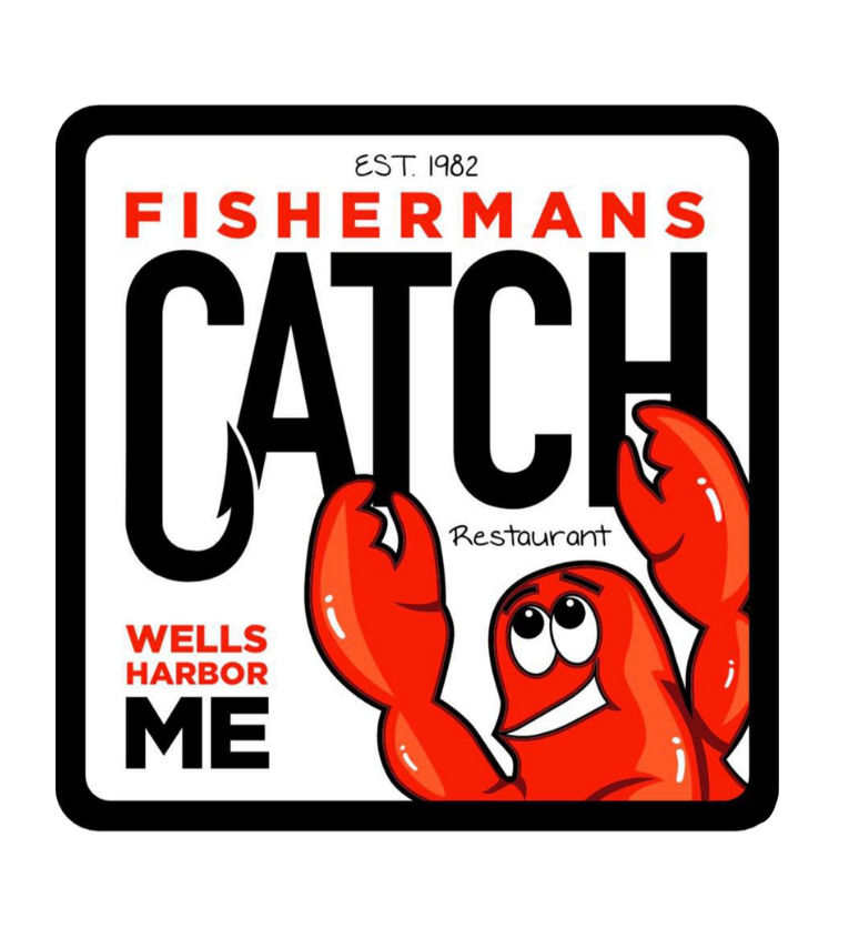 Fishermans catch wells harbor me logo with a lobster