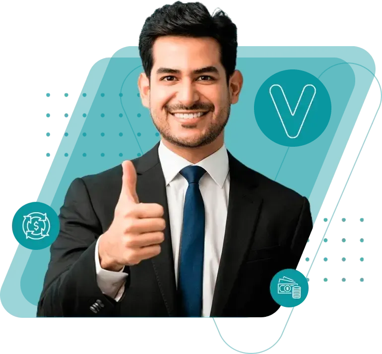 Um homem de terno e gravata está dando um sinal de positivo.