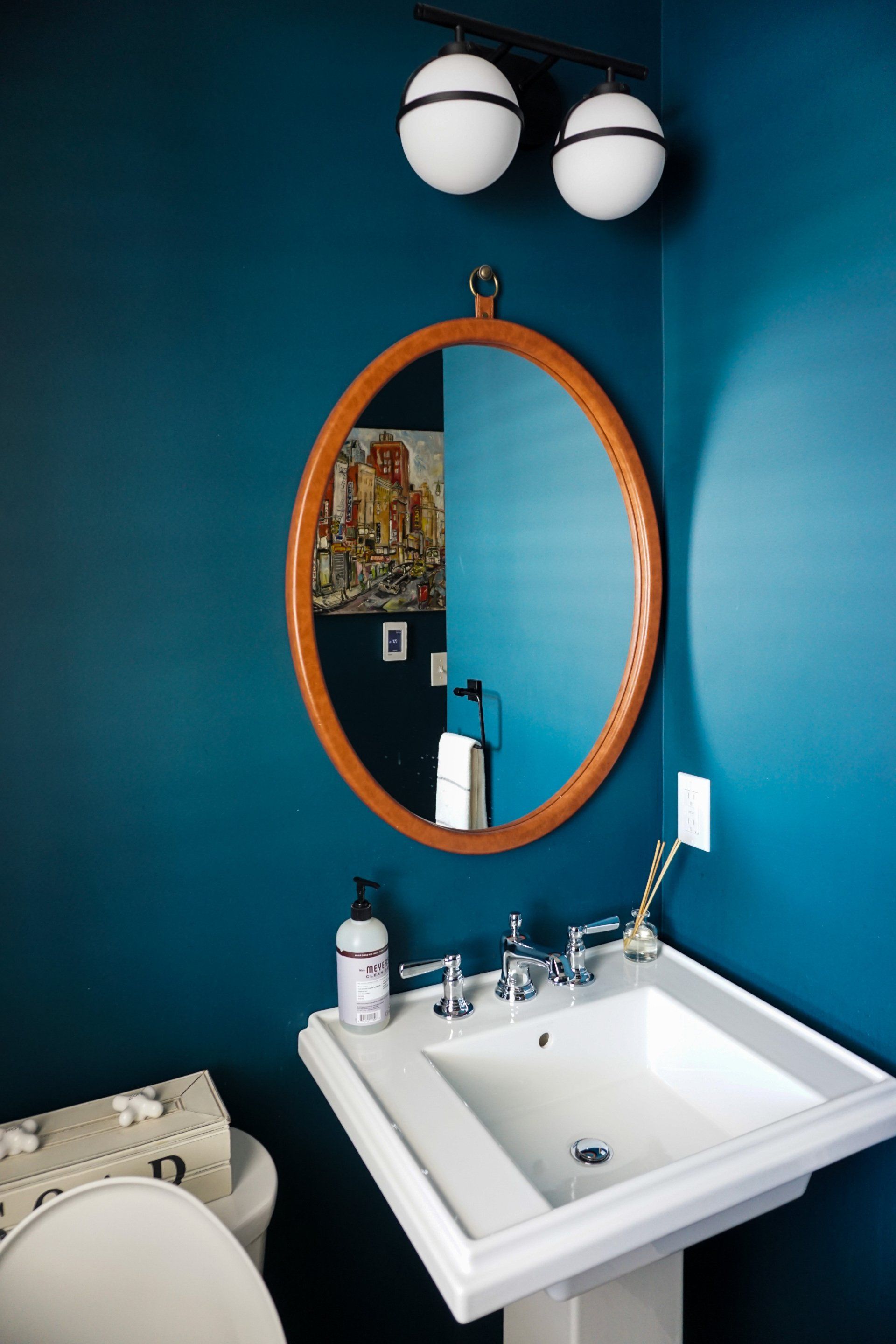 Bright blue bathroom renovation