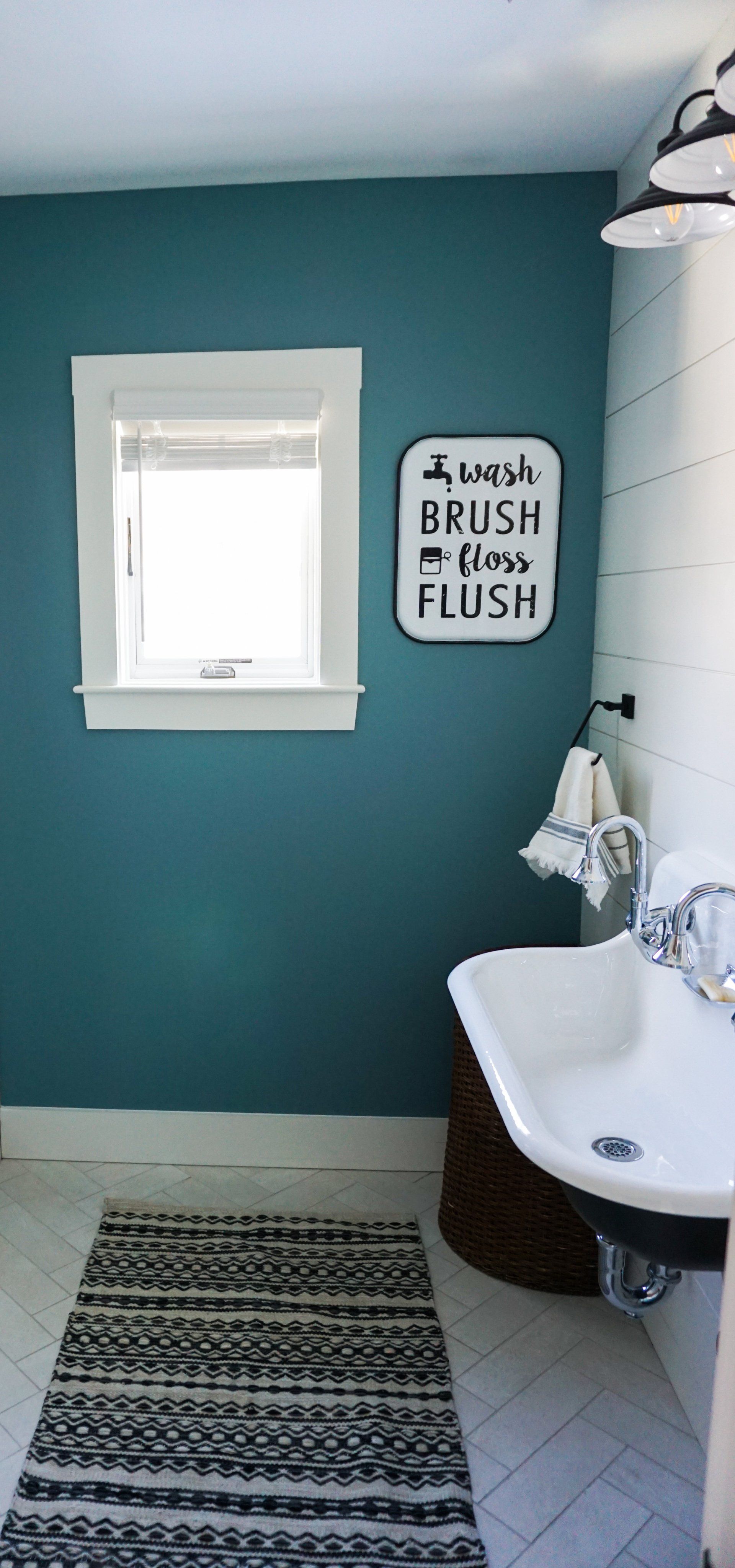 vintage bathroom renovation, farmhouse style with blue paint, shiplap walls and farm house style sink