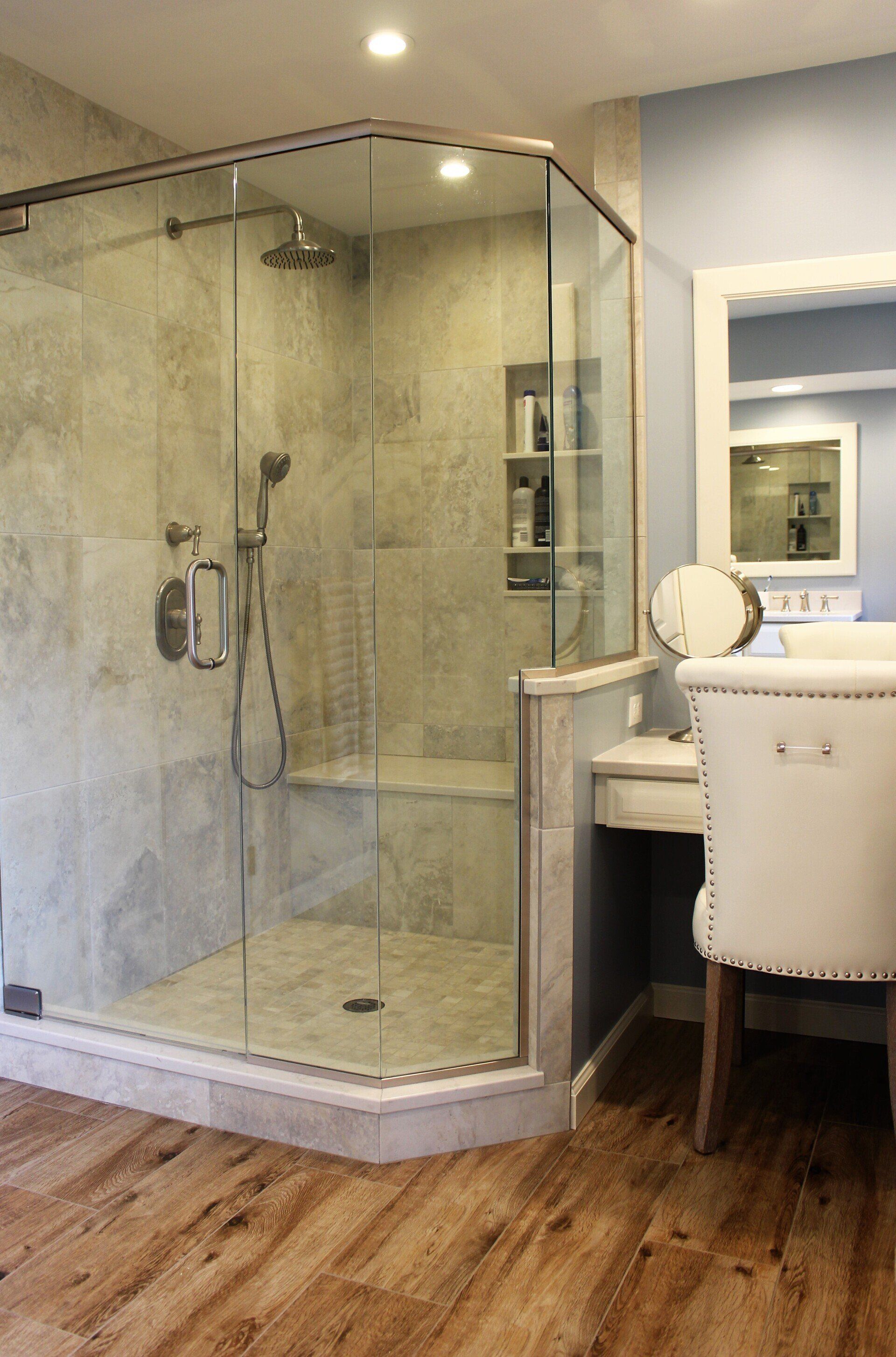 modern walk in shower bathroom renovation for a master bathroom remodel in Western MA