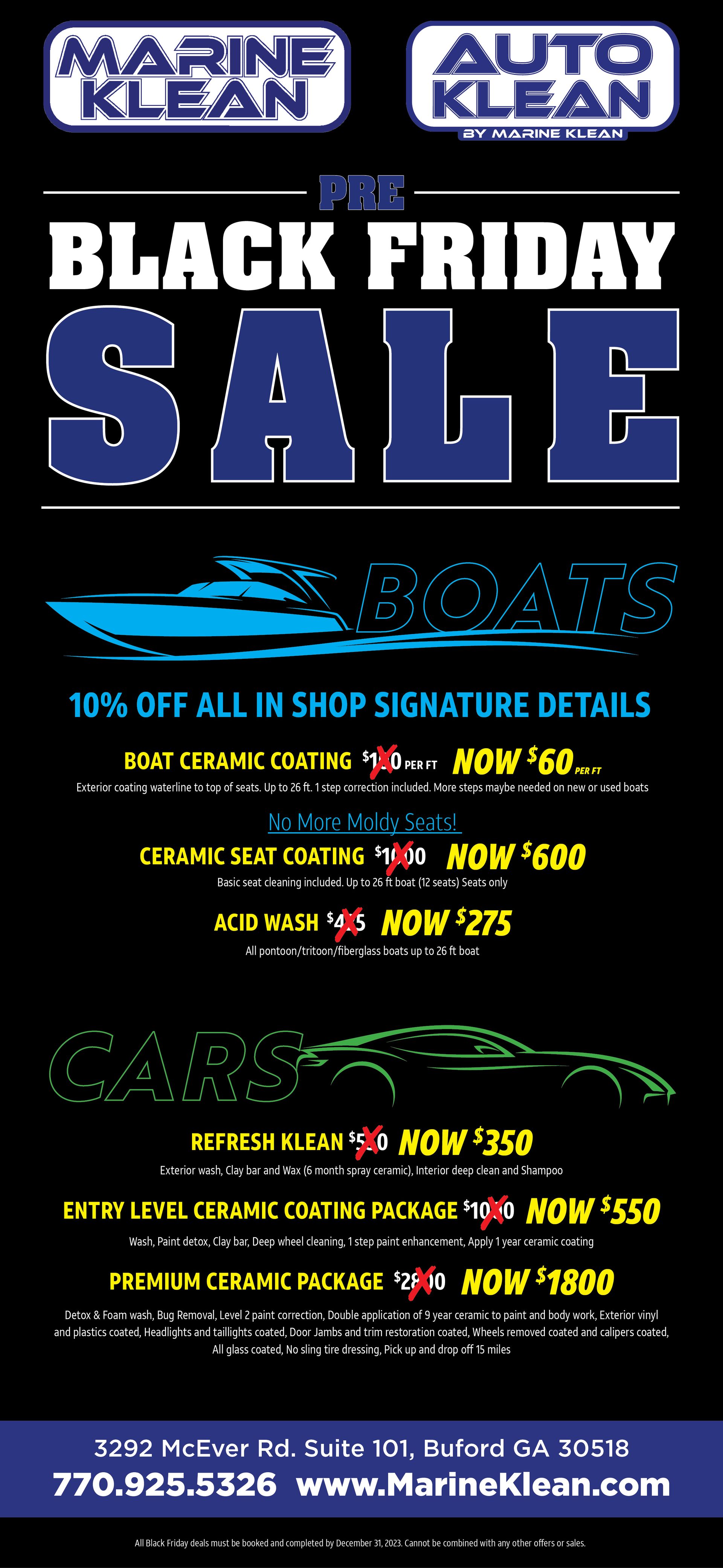 An advertisement for a black friday sale with a boat on it