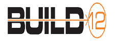 A black and orange logo for a company called build x12