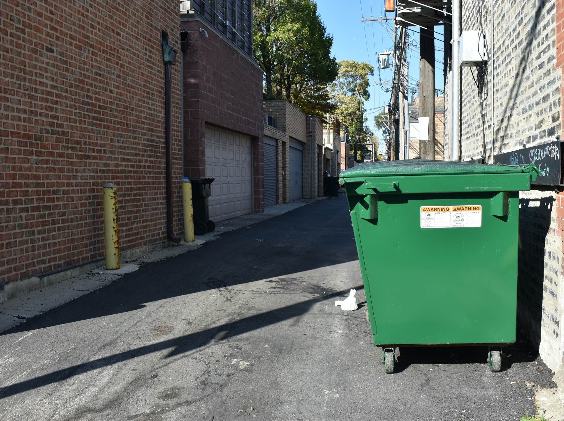 Green dumpster in an alley with brick walls and garage doors. Sunny day.