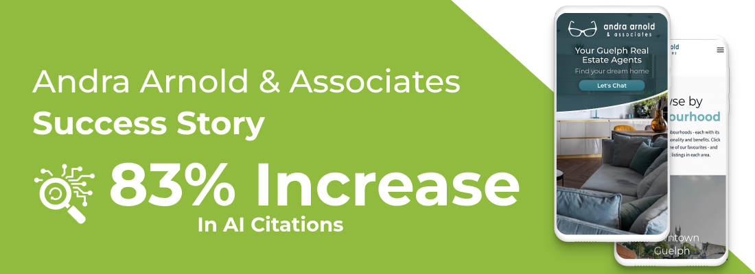 Andra Arnold & Associates success story banner, green background, 83% increase in AI citations, with phone mockups