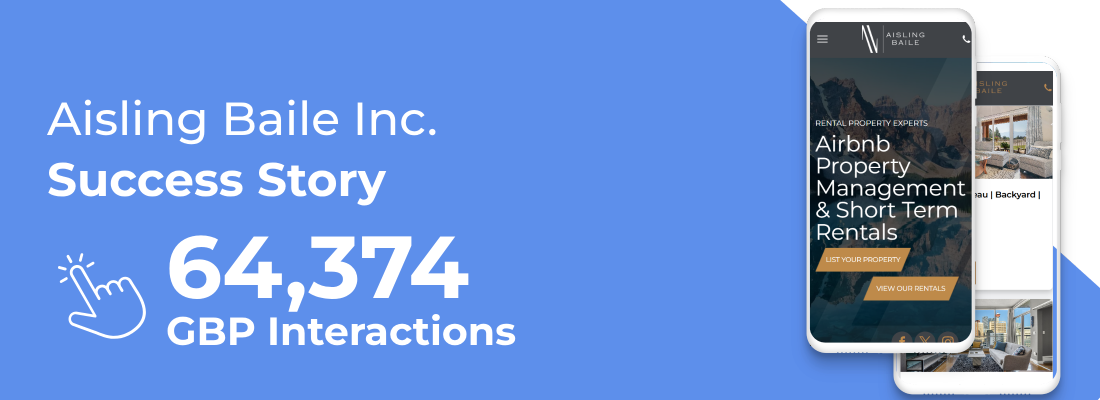 Aisling Baile Inc. success story graphic with 64,374 GBP interactions and smartphone app screenshots on blue background