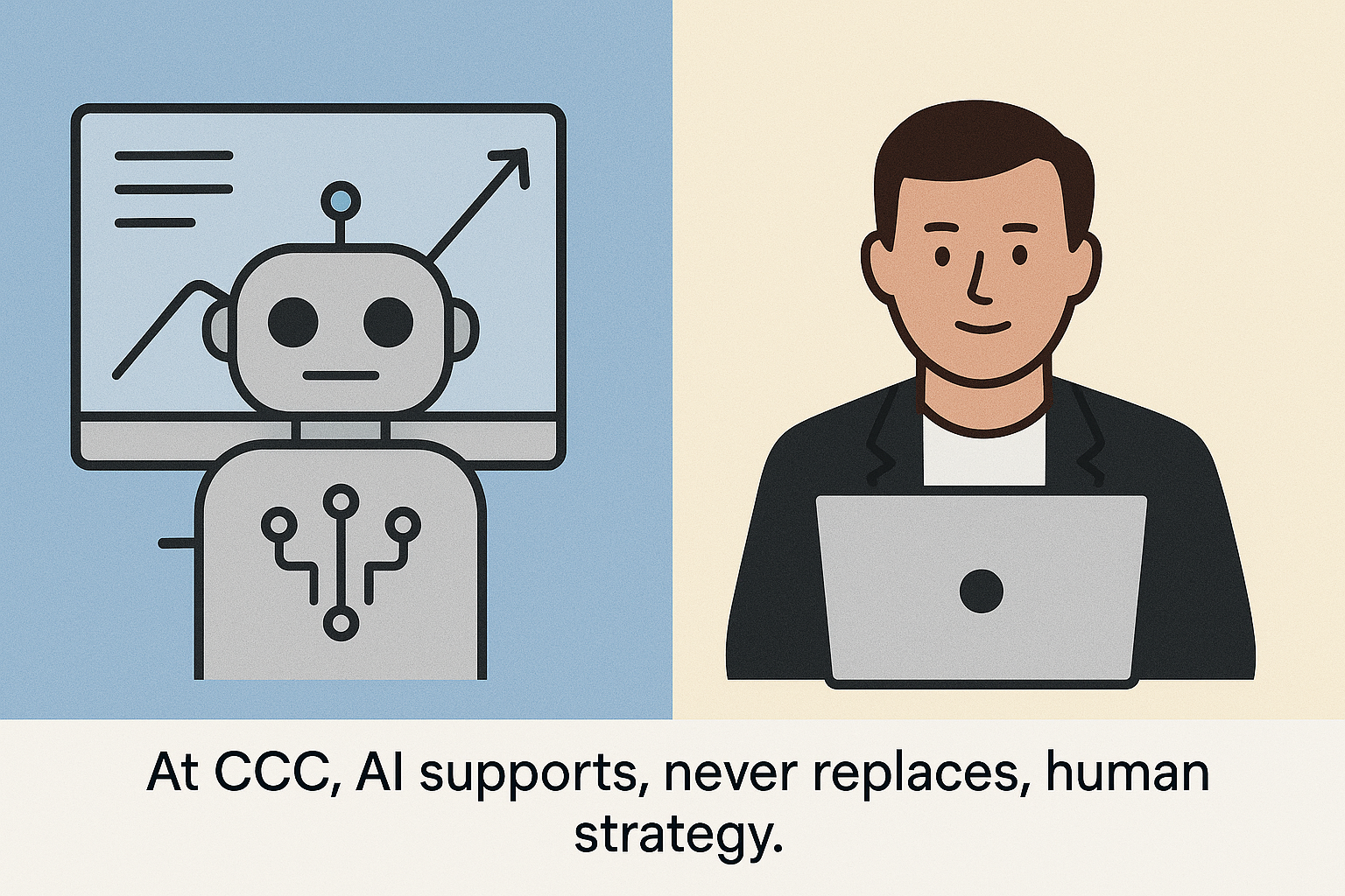 Robot and person side-by-side: AI on screen with upward trend, person using laptop. Text: At CCC, AI supports, never replaces, human strategy.
