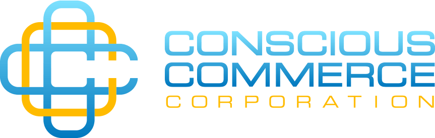 A blue and yellow logo for conscious commerce corporation