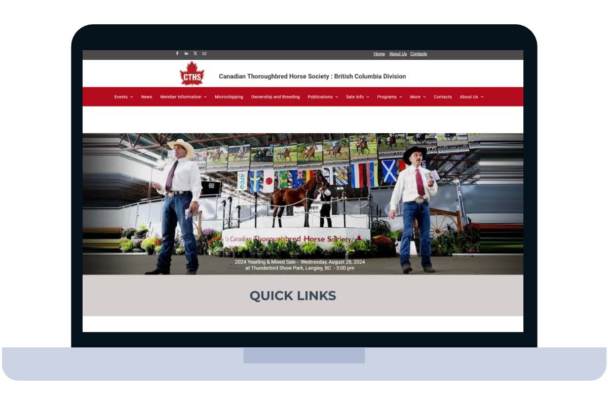 Website homepage on a laptop screen. Horse show with riders, banners, and a red banner with logo.