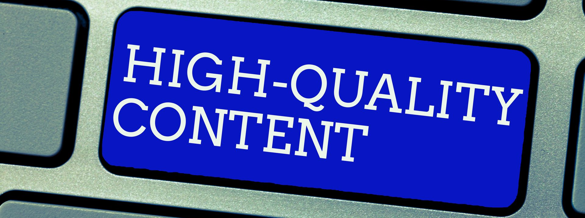 Blue keyboard key labeled “HIGH-QUALITY CONTENT” in white text.