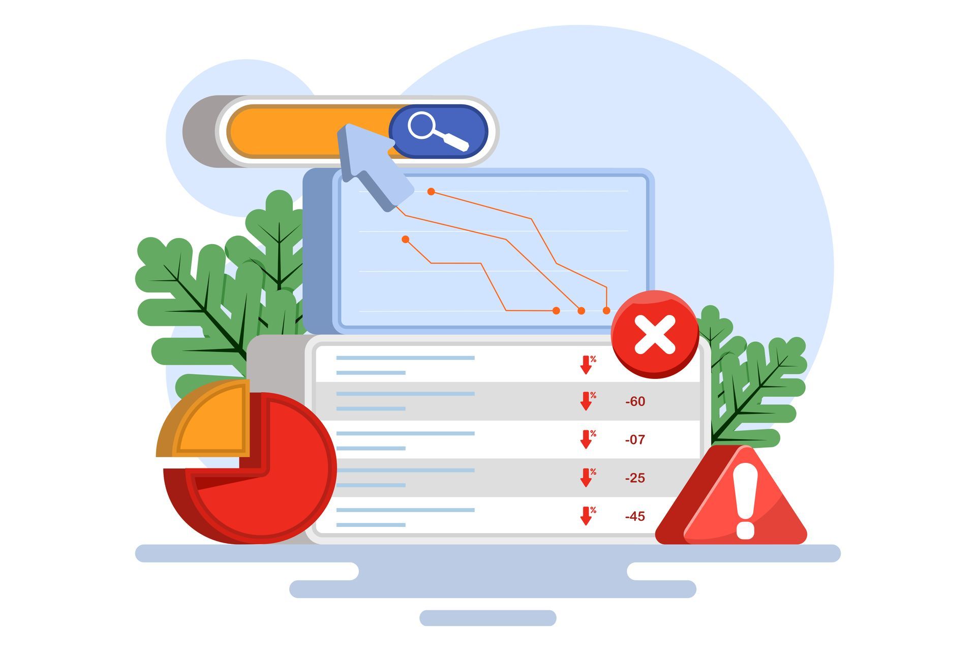 Data analytics dashboard with charts, error icons, and warning symbols on a computer screen