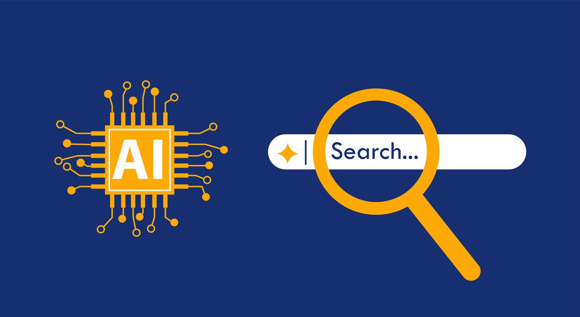 Orange AI chip icon beside a magnifying glass over a search bar on a blue background