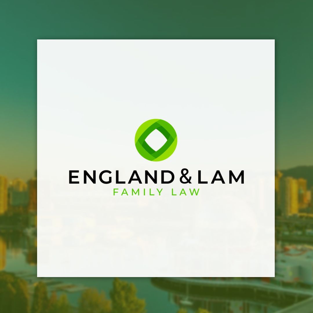 A logo for england & lam family law with a city in the background