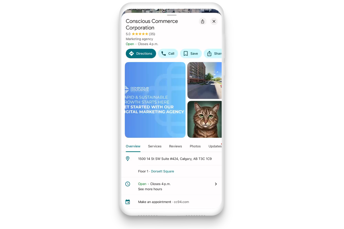 A cell phone with a picture of a Google Business Profile on the screen.