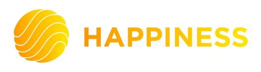 The word happiness is written in yellow letters on a white background.