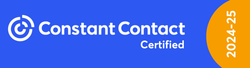 A blue and orange logo for constant contact certified.