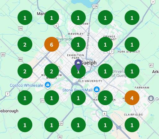 Map of Guelph with numbered green and orange circles indicating local search performance