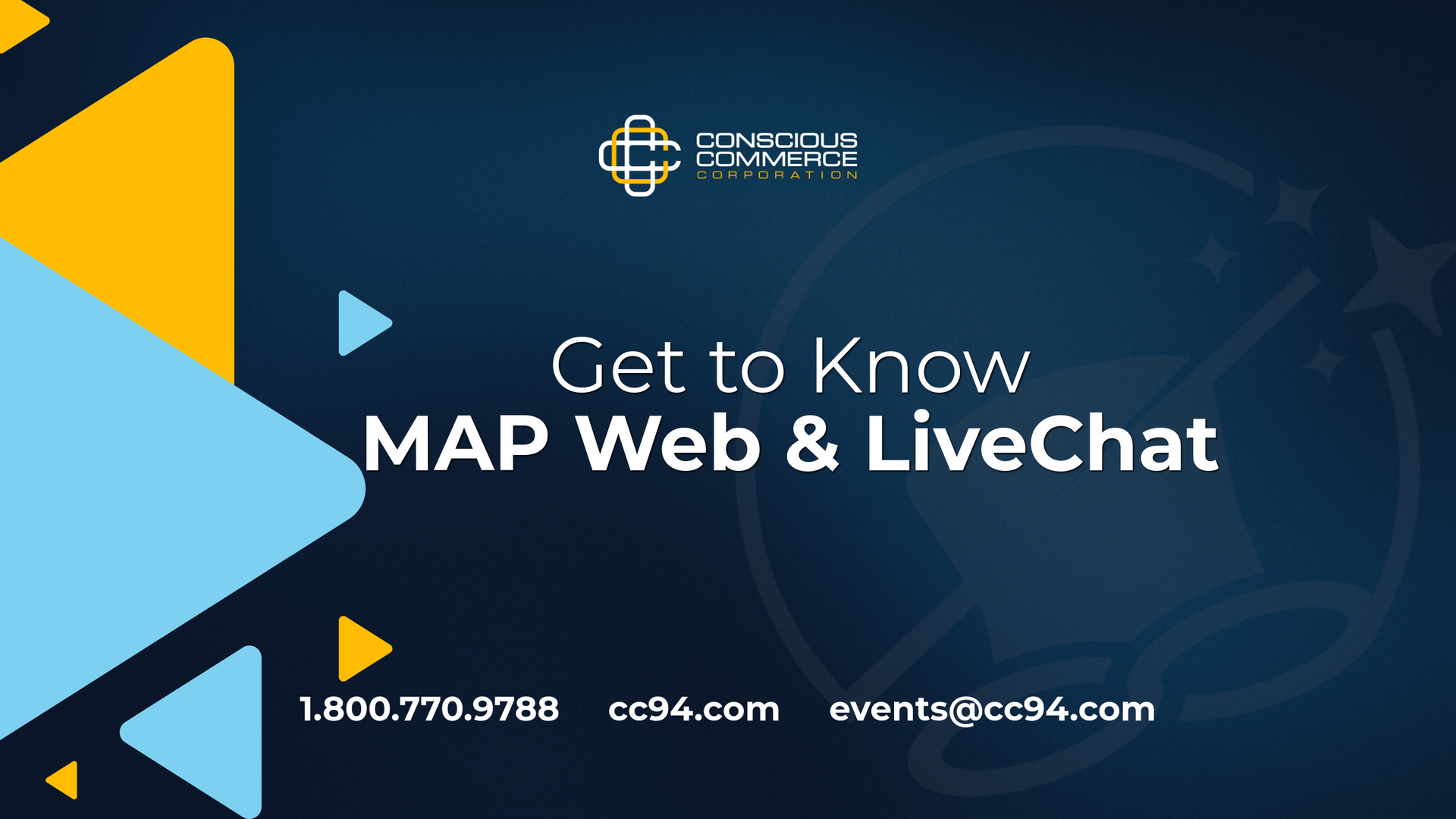 Get to know MAP Web & LiveChat. Blue and yellow shapes on a dark blue background. Contact info at the bottom.