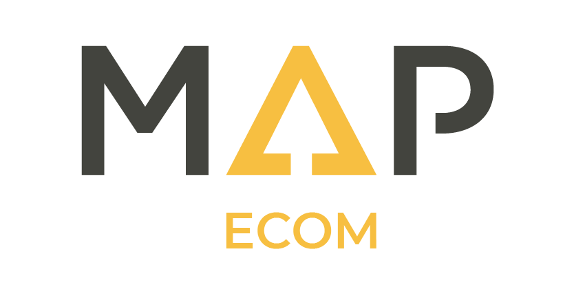 A black and yellow logo for map ecom on a white background.