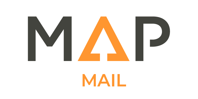 A black and orange logo for map mail