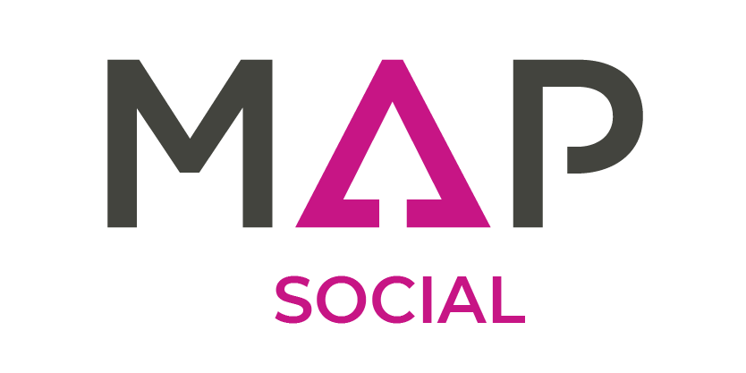 The map social logo is a pink and black logo with a triangle in the middle.