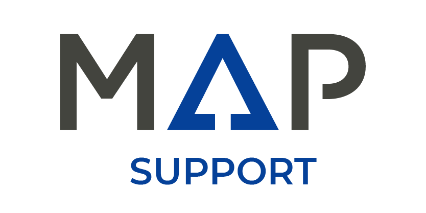 A blue and black logo for map support on a white background.