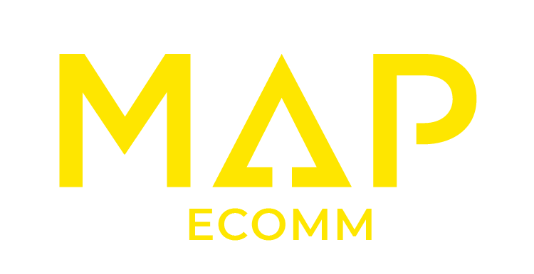 A yellow logo for map ecomm on a white background.